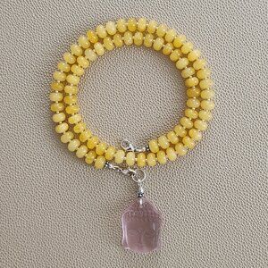 YELLOW JADE NECKLACE W/ PINK BUDDHA PENDANT--20"